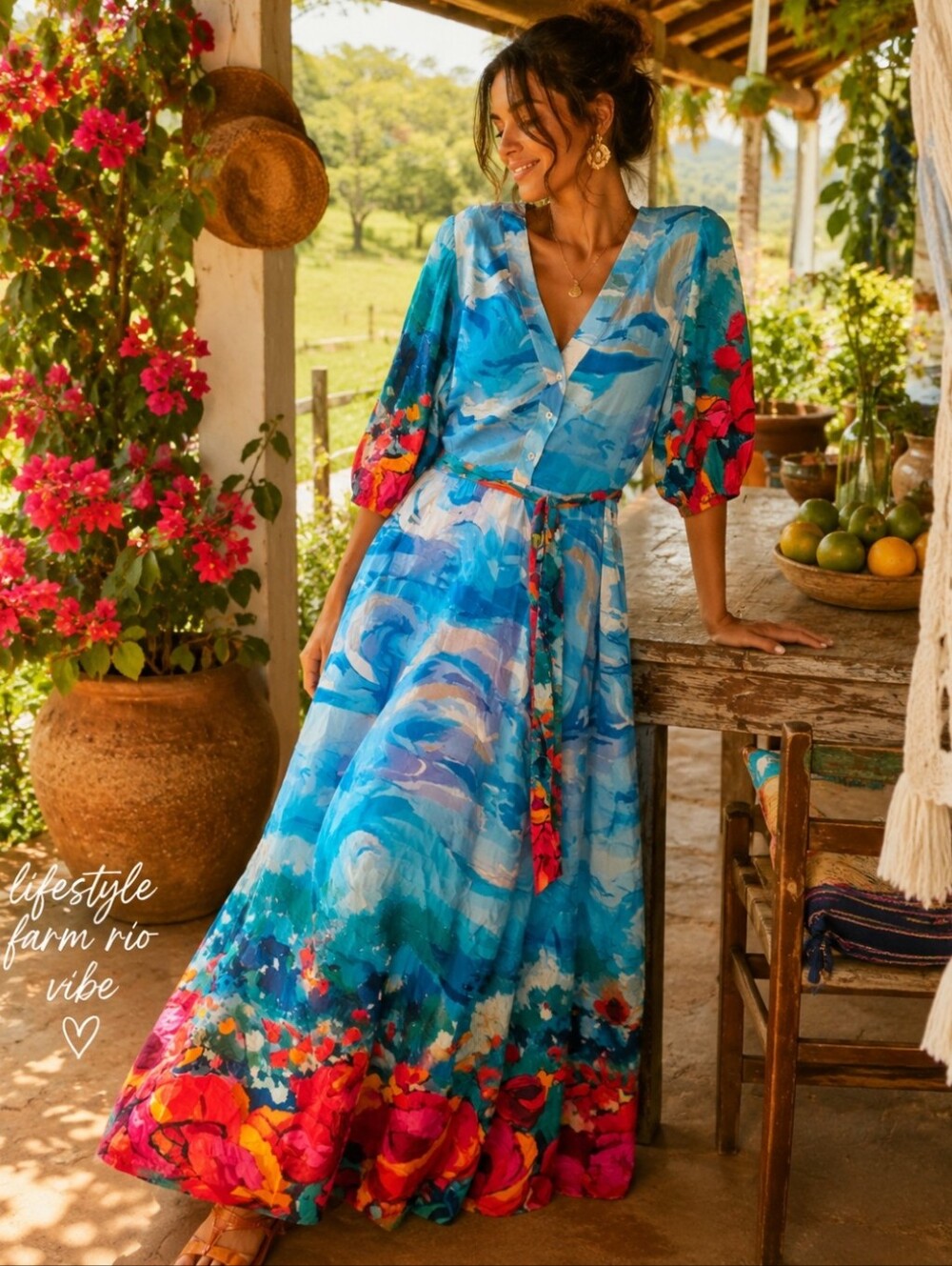 Celina Moon Farm Rio Vibe Tropical Floral Maxi Dress NWT Boho Resort Large